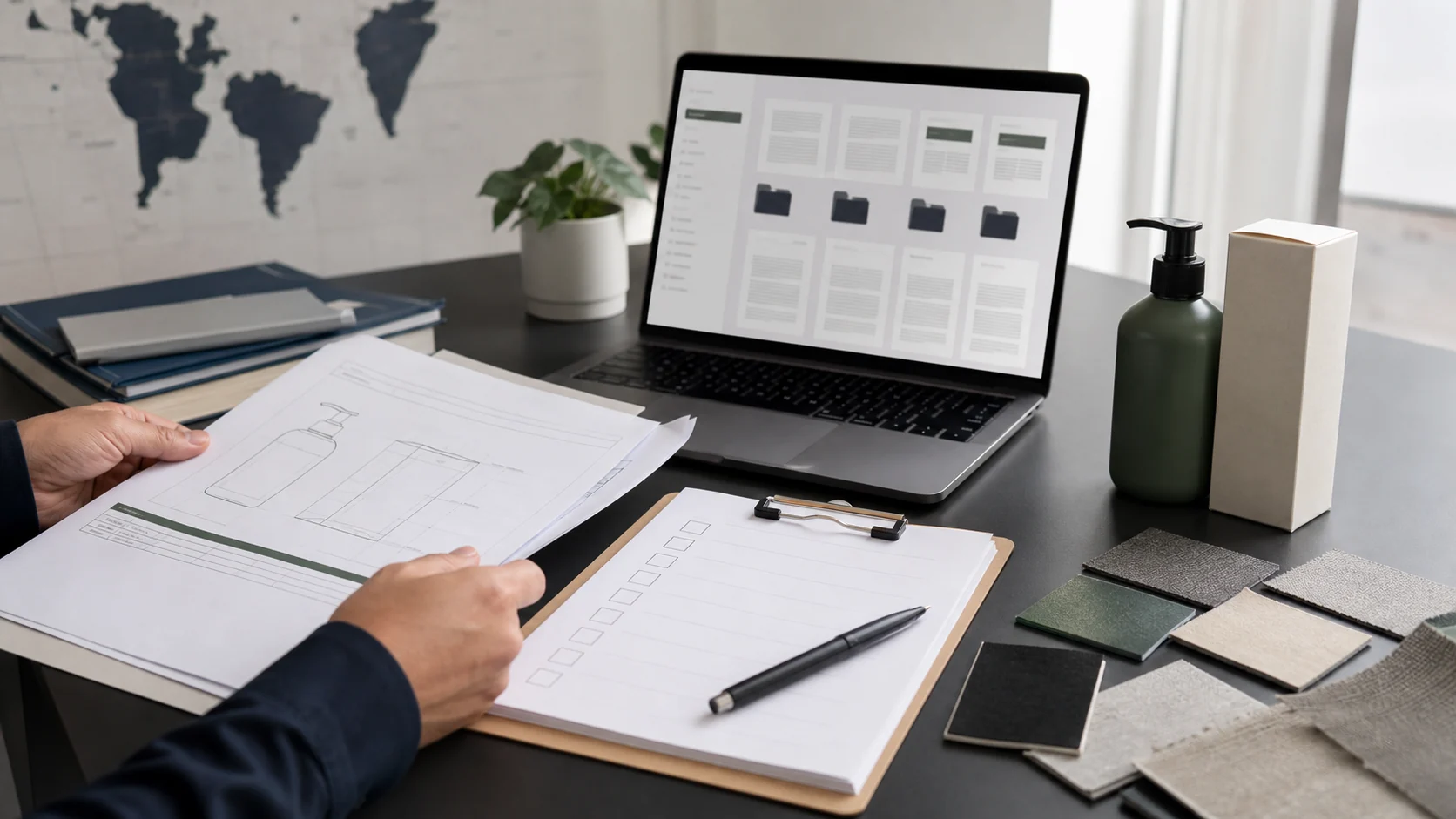 Product drawings, material samples, packaging, and evidence being reviewed at a compliance workspace