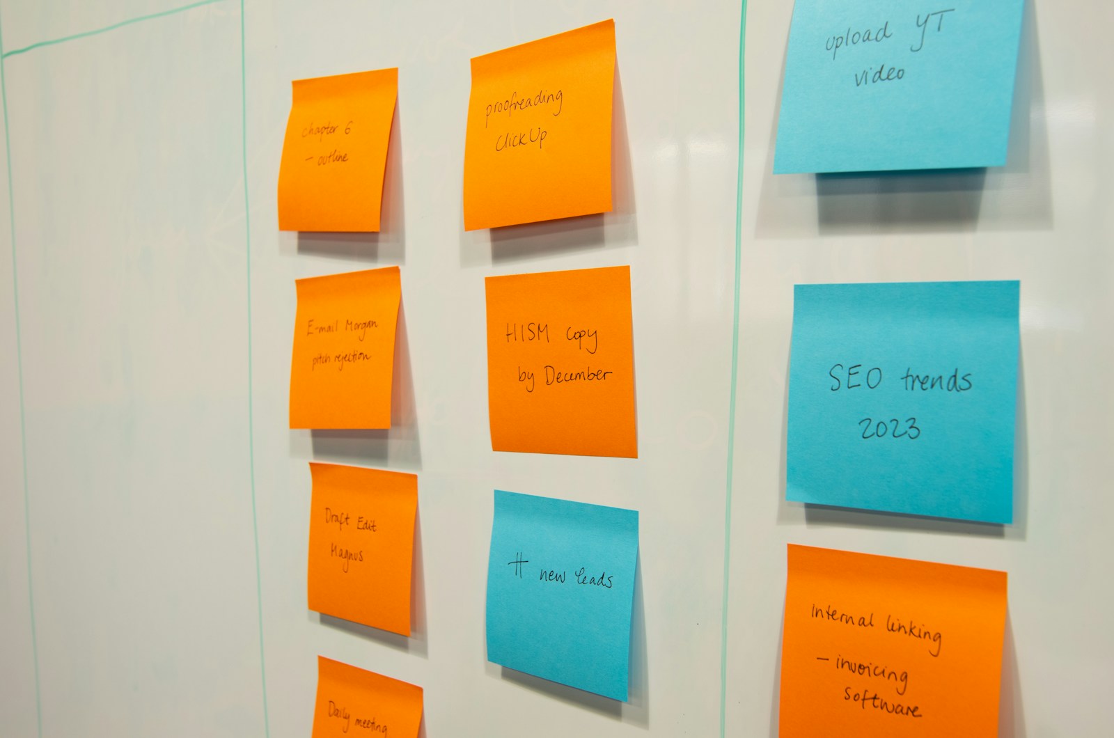 Sticky notes arranged as a roadmap and task board